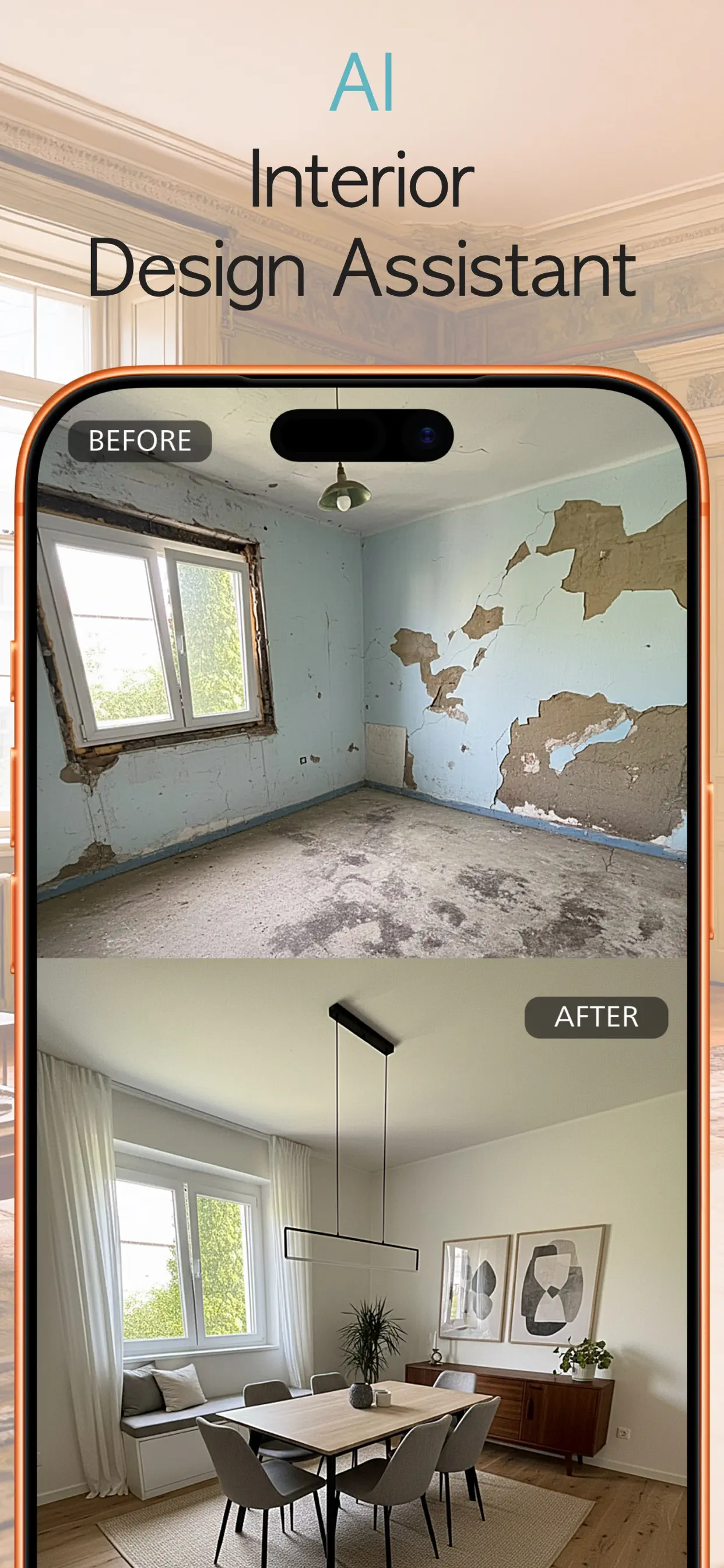 Before and after virtual staging in NestBit: an empty damaged room transformed into a furnished dining room