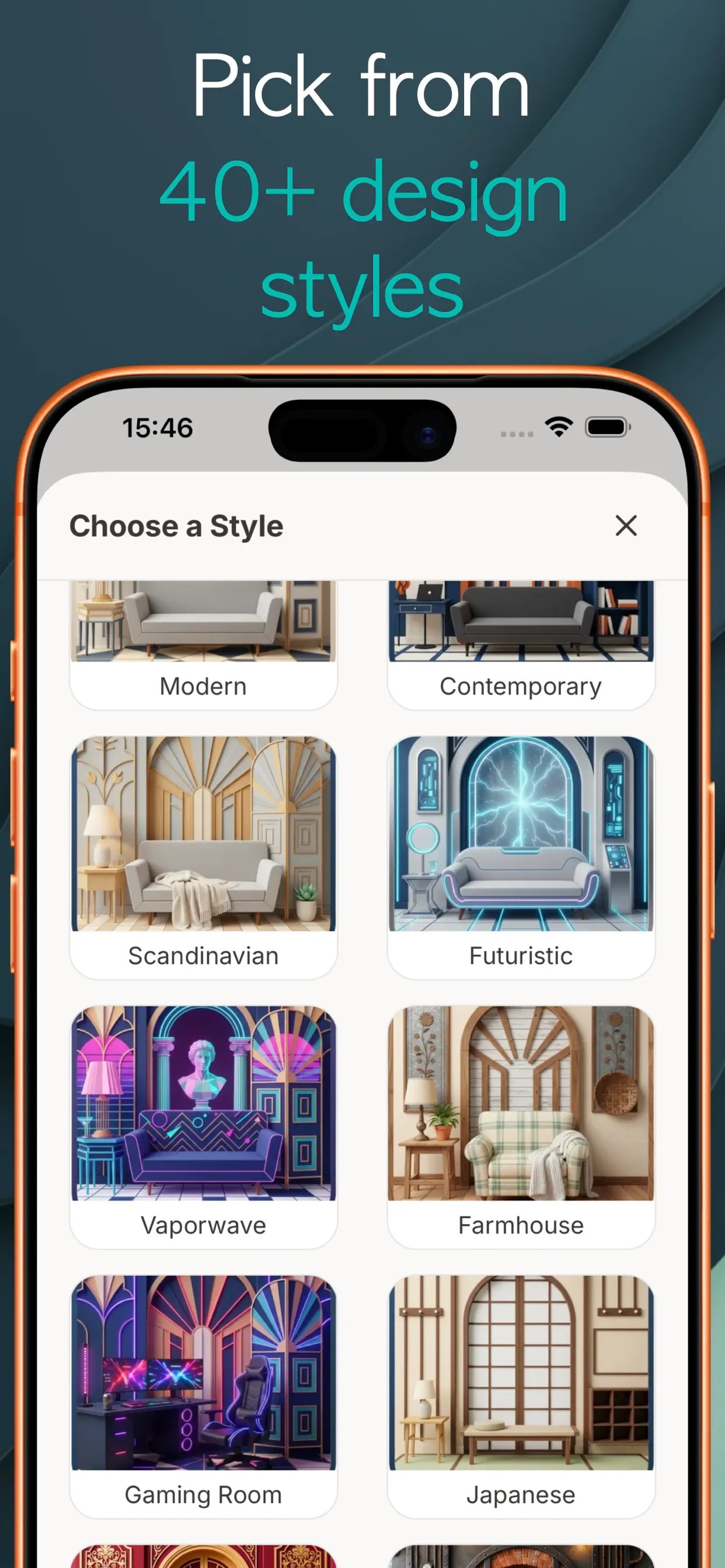 Grid of interior design styles in the NestBit app including Modern, Contemporary, Scandinavian, Futuristic, Vaporwave and Farmhouse