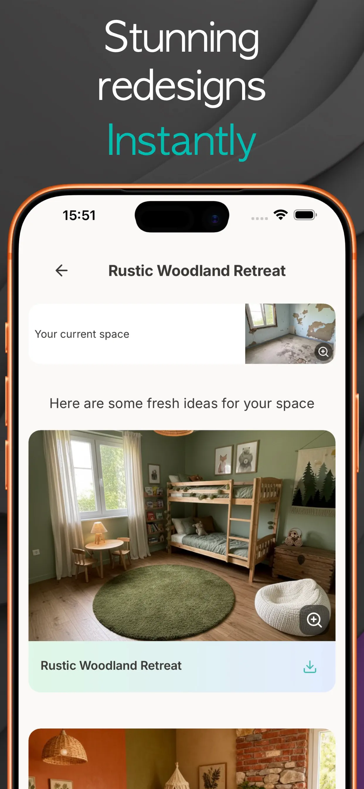 AI room design result in NestBit showing a generated Rustic Woodland Retreat redesign next to the original room photo