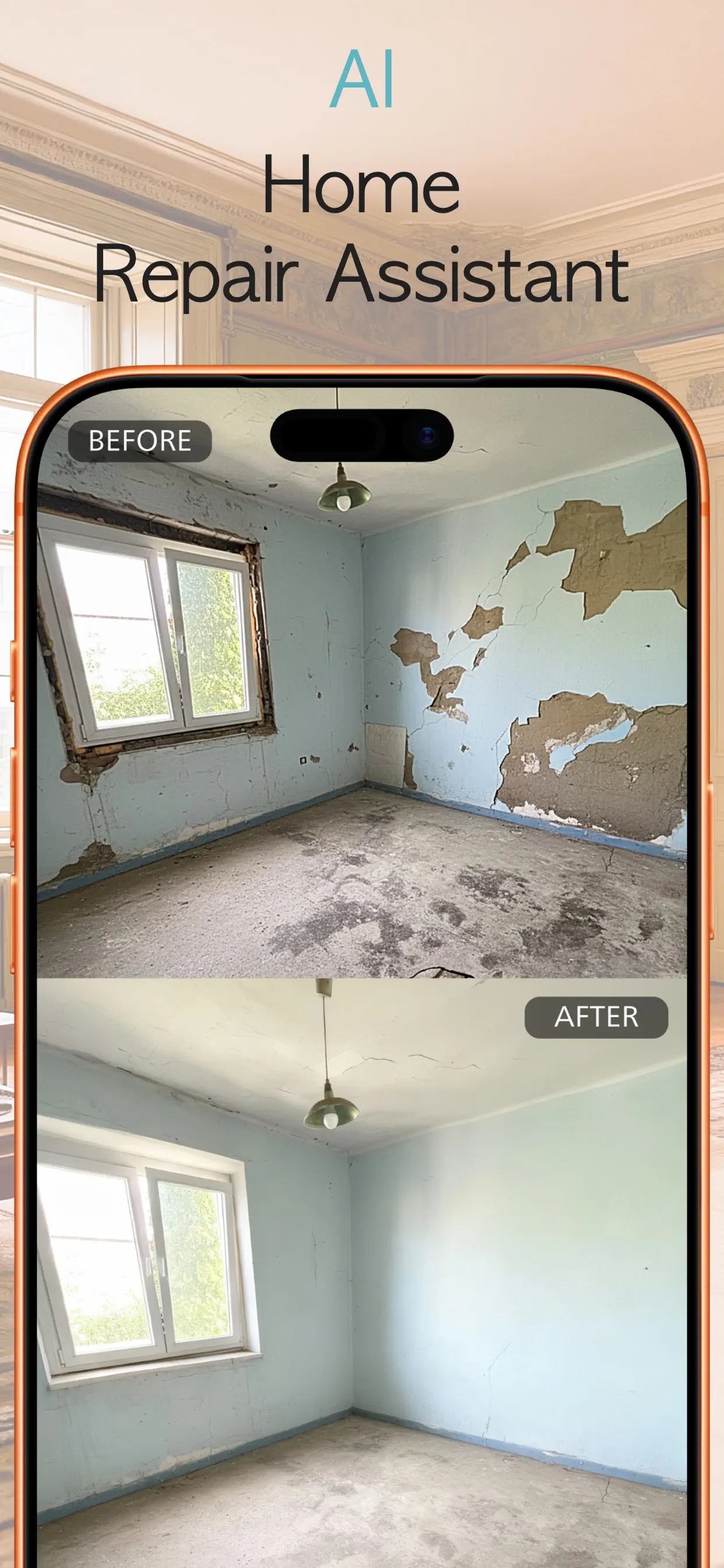 Before and after wall repair in the NestBit app: cracked peeling plaster walls restored to a smooth finish
