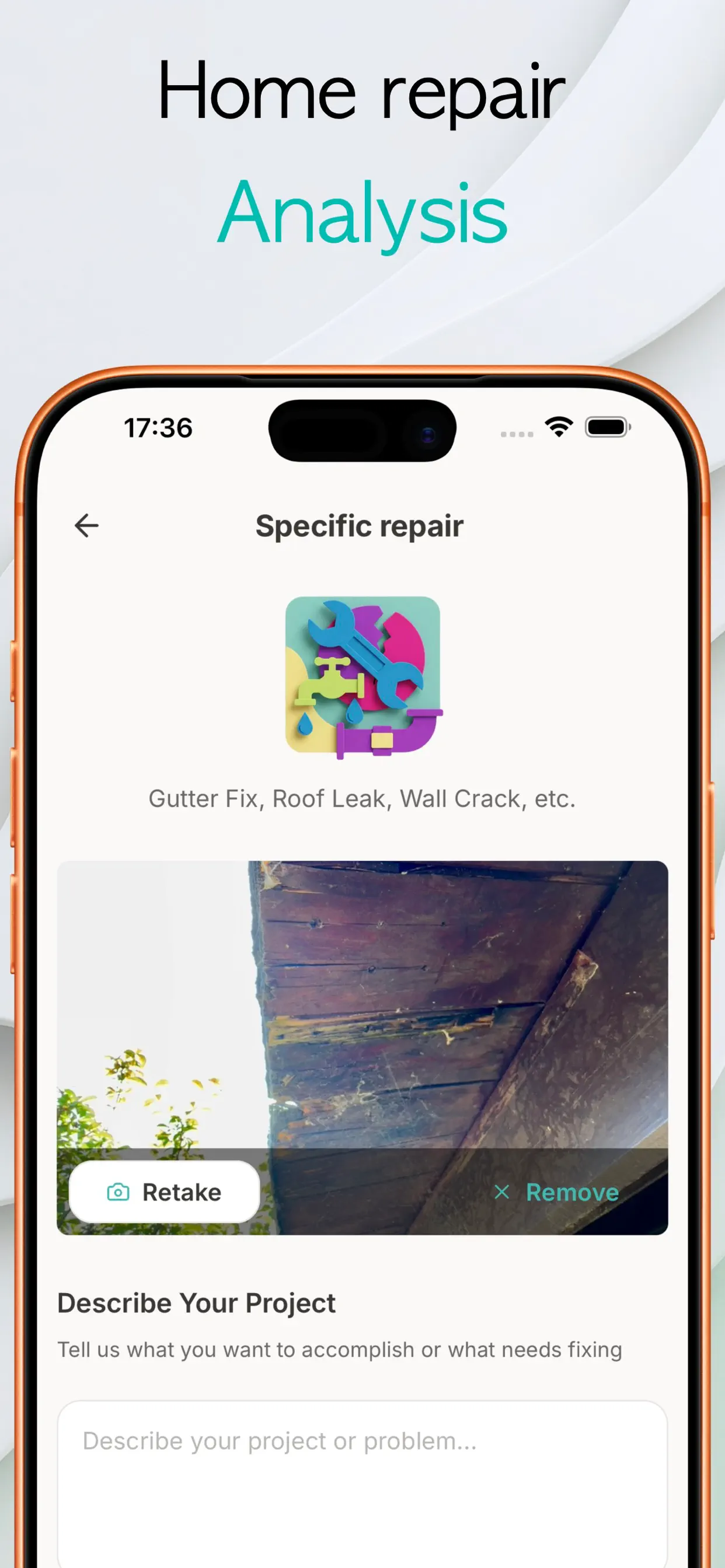 NestBit home repair analysis screen with a photo of a damaged roof edge and a project description field